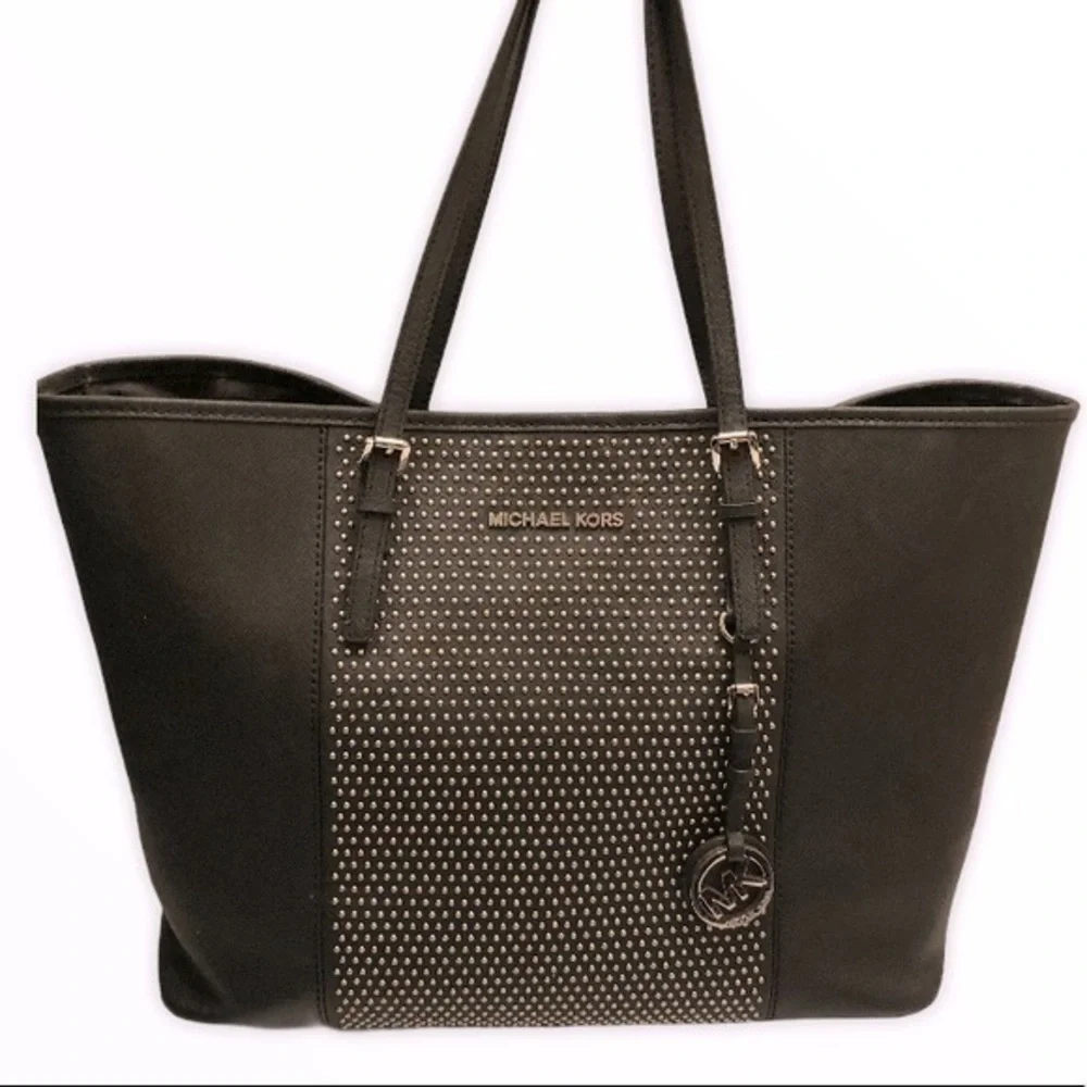 Michael kors black leather micro studded tote bag